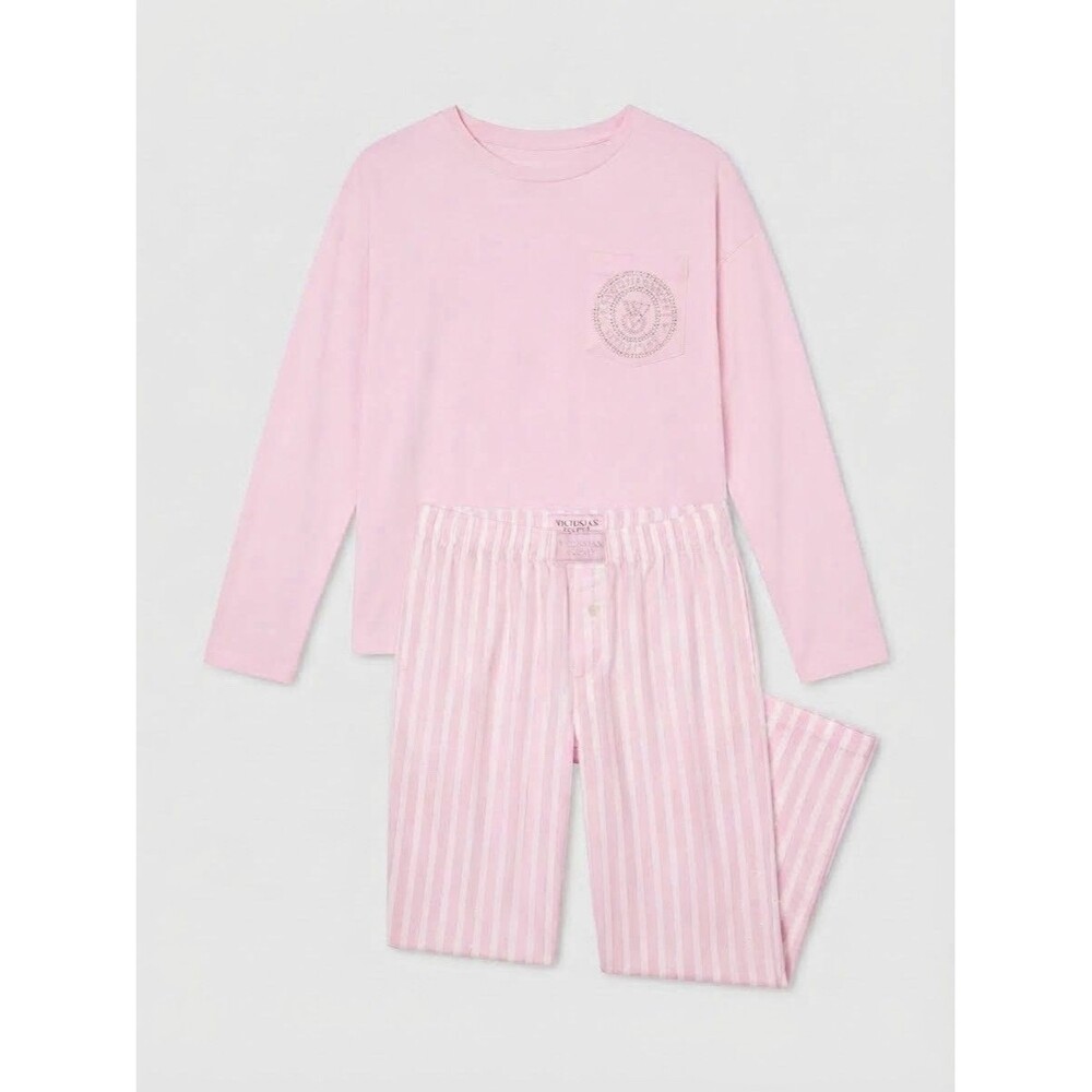 Victoria's Secret Pink Pajama Set Long Sleeve Top Striped Pants Rhinestone XL